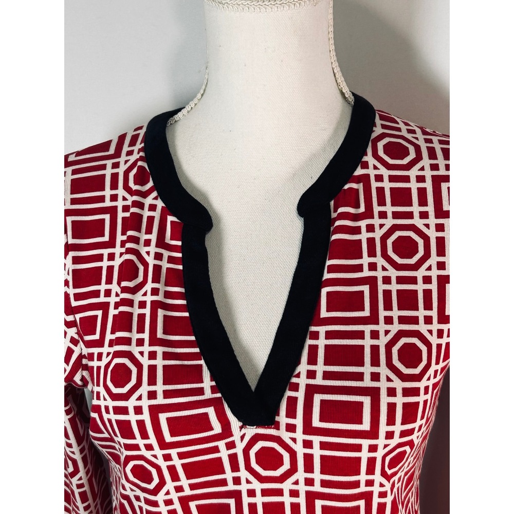 Rafaella Womens Red White Geometric Print Split V-Neck Cotton Knit Top Small - Picture 2 of 9